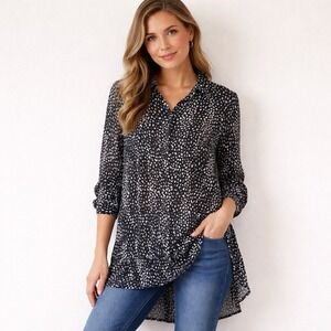 Lisa Bayne Crinkle Tunic Top Womens S Black Black Cheetah Sheer Hi Low Abstract